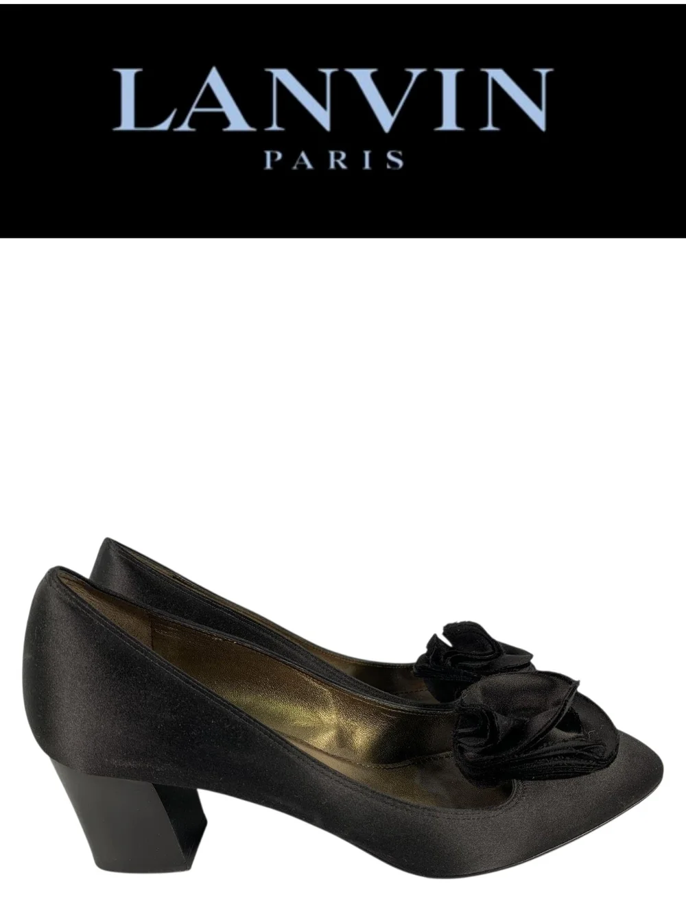 Lanvin Paris Black Satin Rosette Bow Pumps Chunky Block Heel Size 41 Authentic